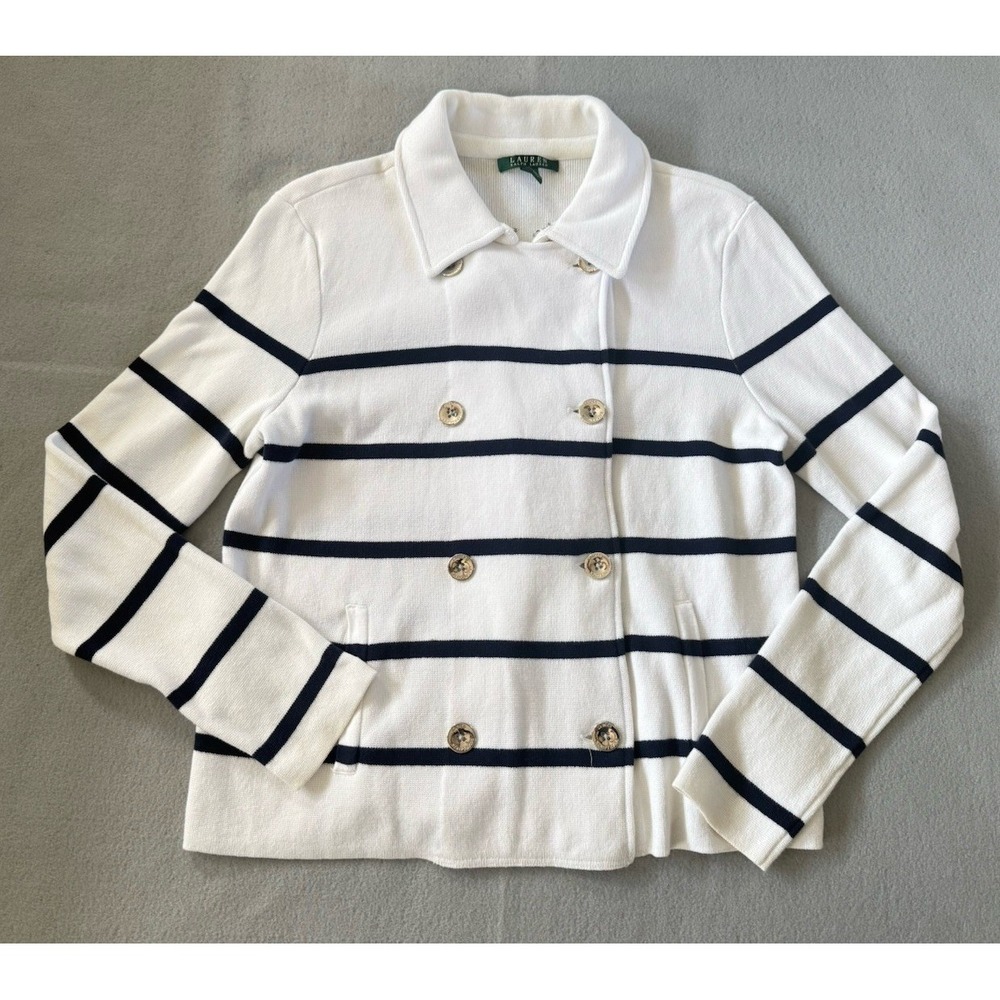 LRL Blue White Striped Sweater Blazer Nautical Double Breasted Knit Jacket L